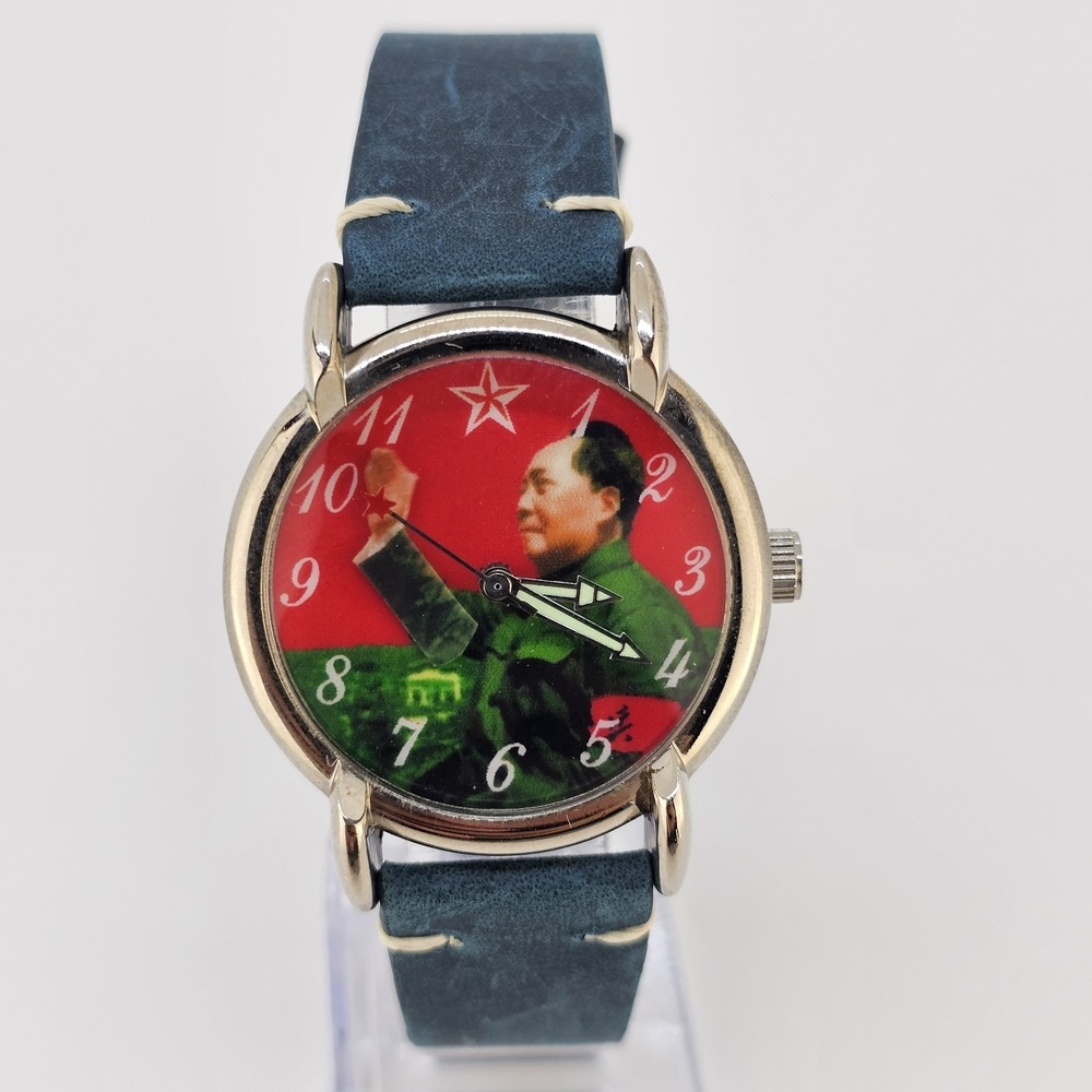 Chairman Mao Zedong Mechanical Watch Waving Hand WORKING New Blue Leather Bands